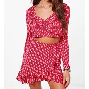 Polka Dot Ruffle Crop Top & Skirt Co-Ord Set